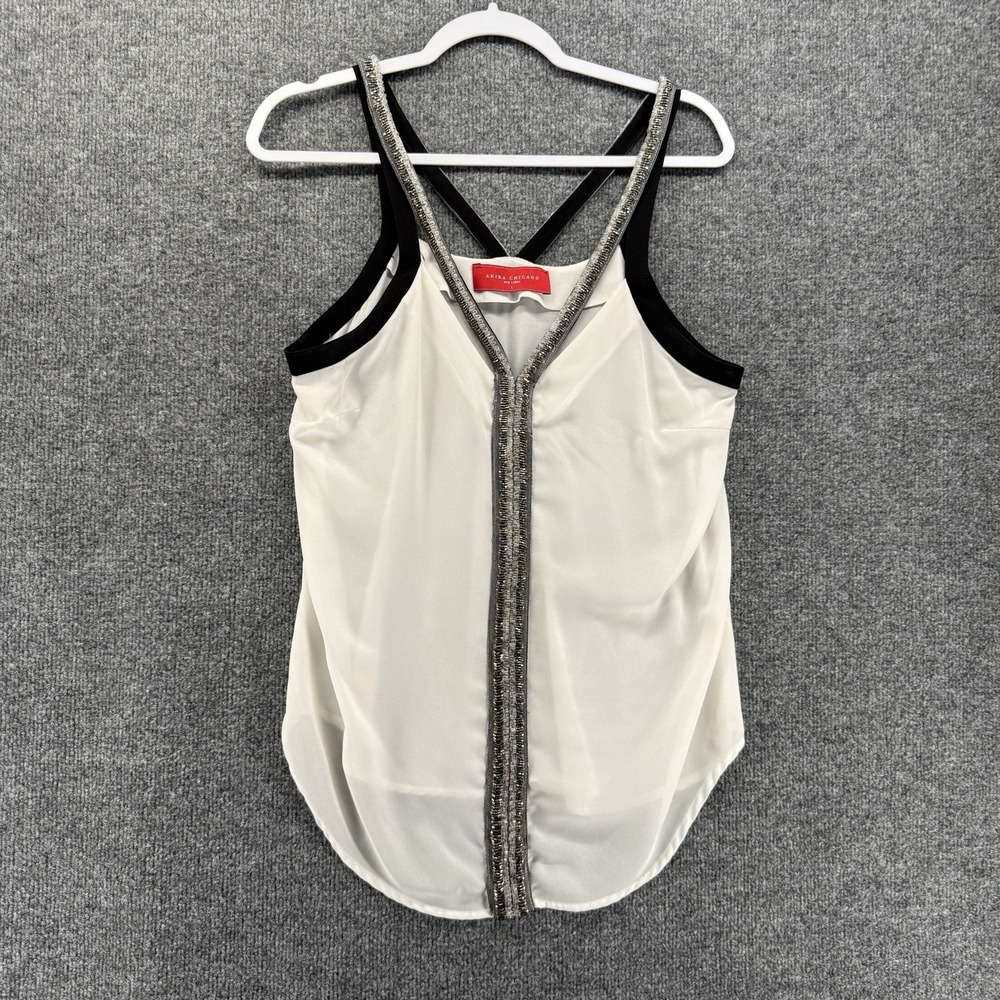 Akira Chicago Red Label Top Womens L White Sheer Beaded V-Neck Cocktail Classy